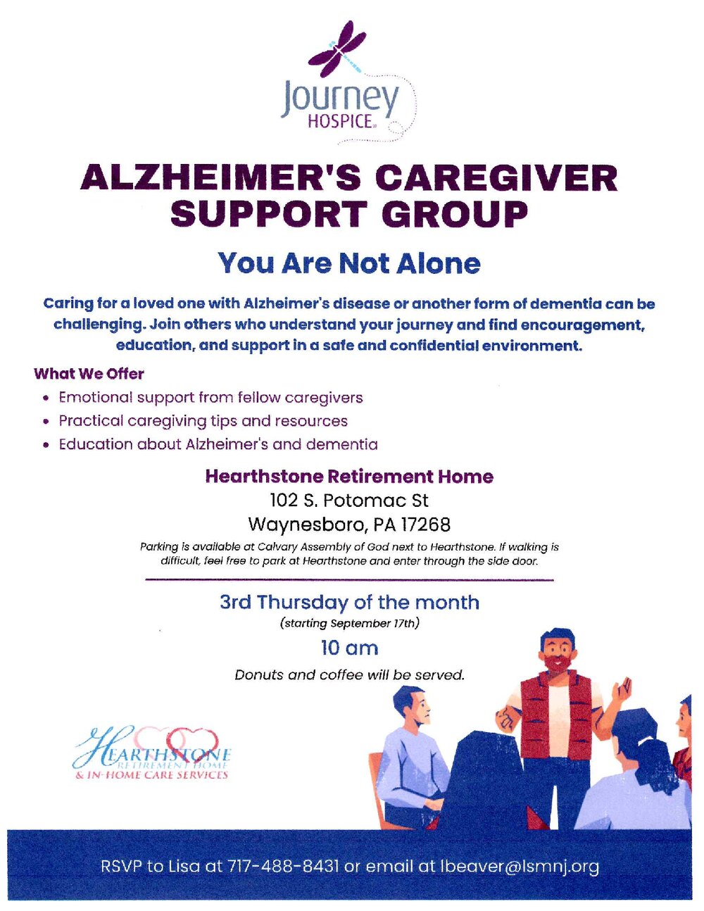 Flyer for the Alzheimer’s Caregiver Support Group at Hearthstone Retirement Home. All of the details it gives are written out on this page.